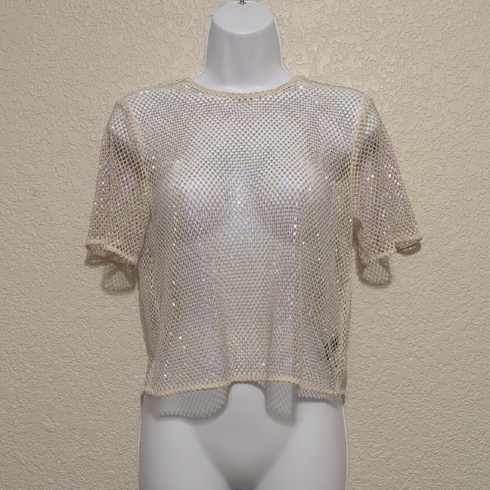House of Harlow 1960 cream mesh sparkly cropped t shirt